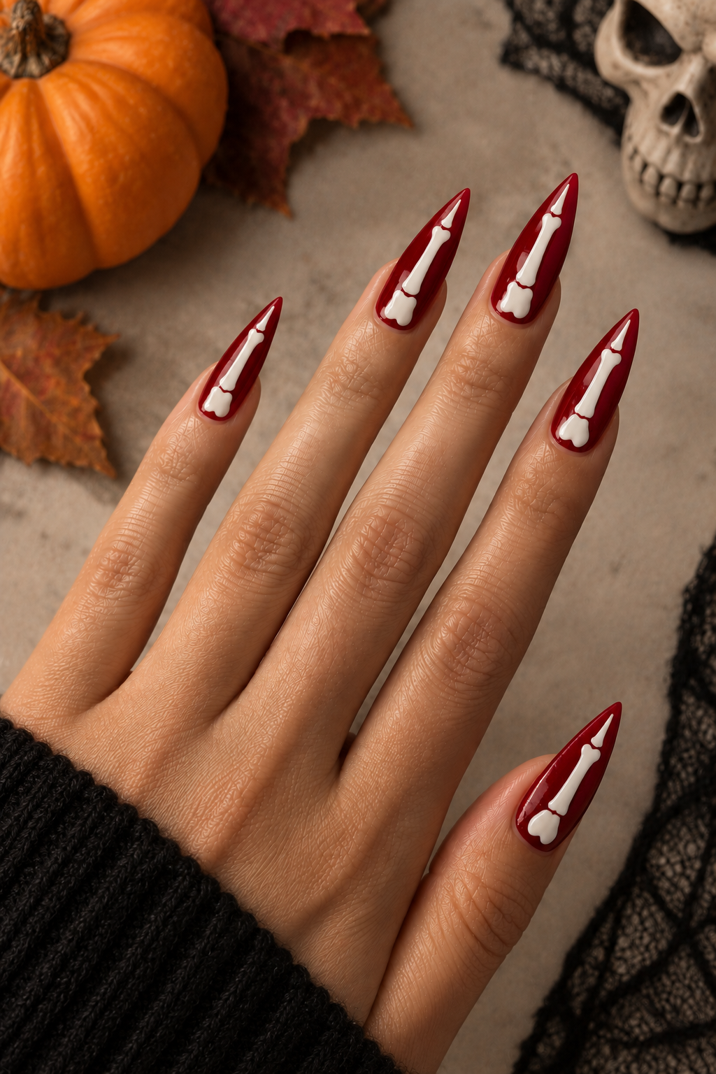 Halloween Bone Stiletto Manicure
