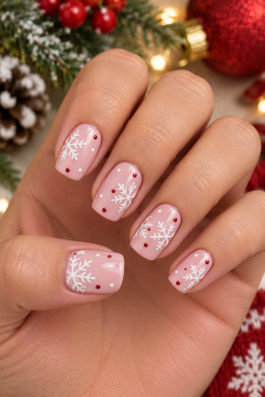 Light Pink Snowflake Christmas Nails