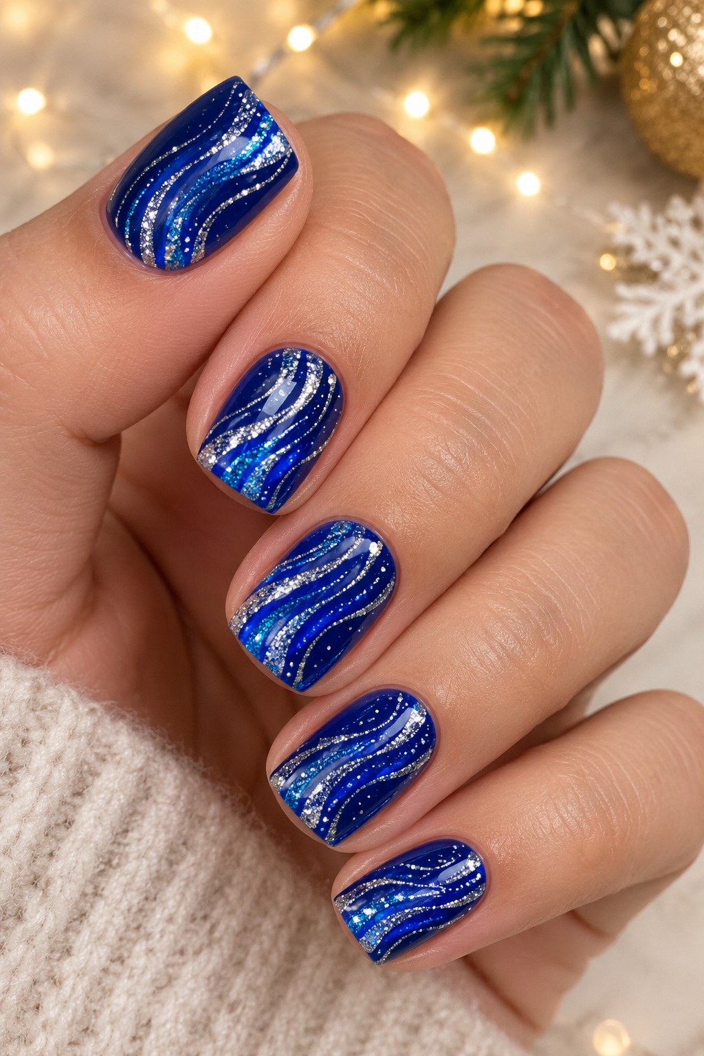 Navy Glitter Holiday Swirl Nails