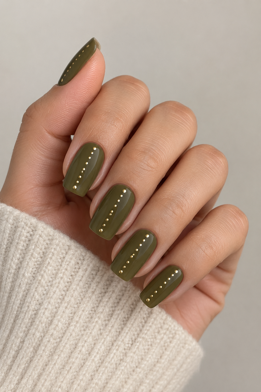 Olive Green & Gold Dot Nails