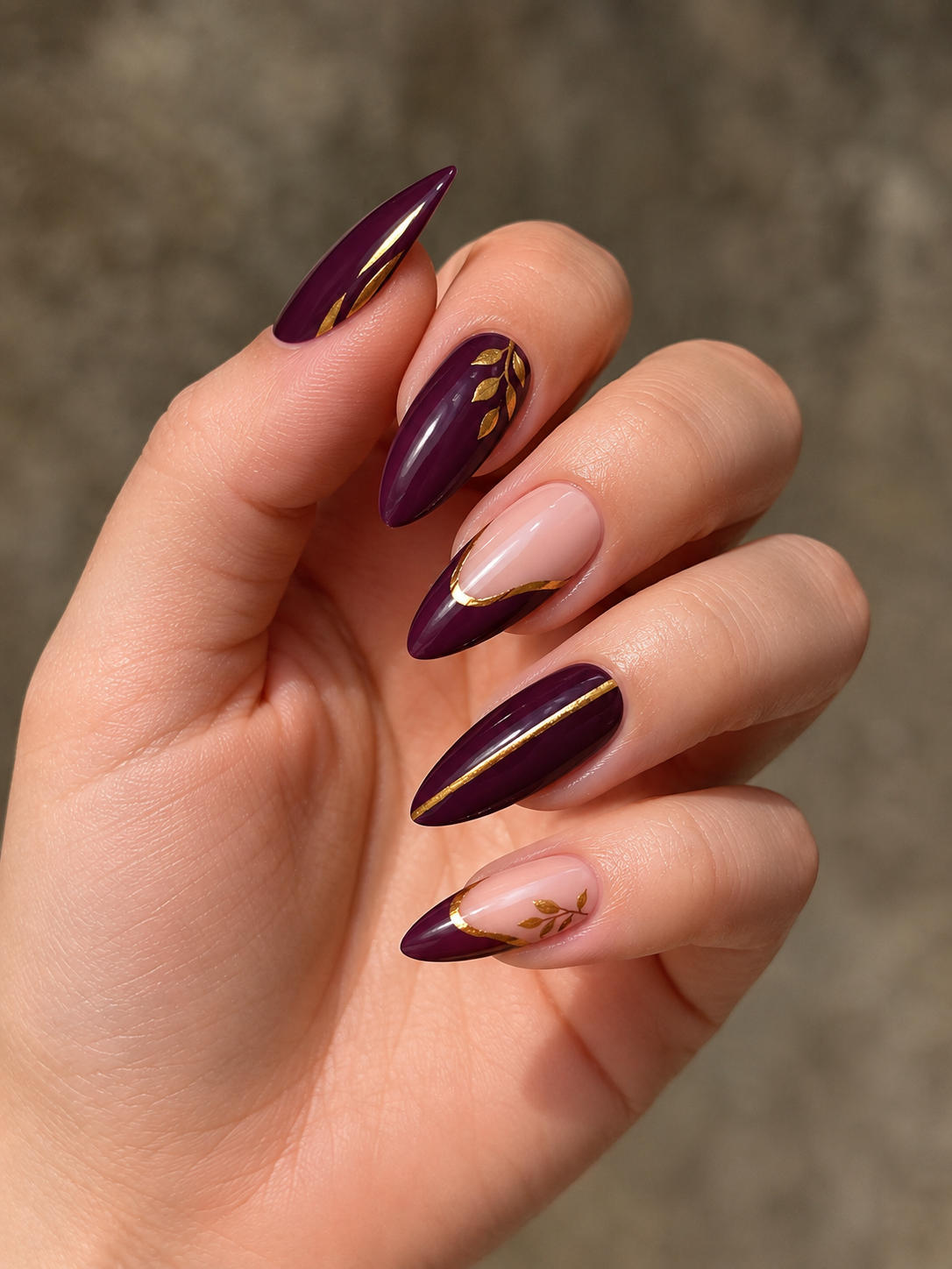 Plum Gold Accent Nails for fall
