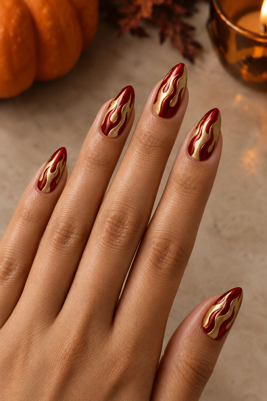 Red & Gold Flame Halloween Nails