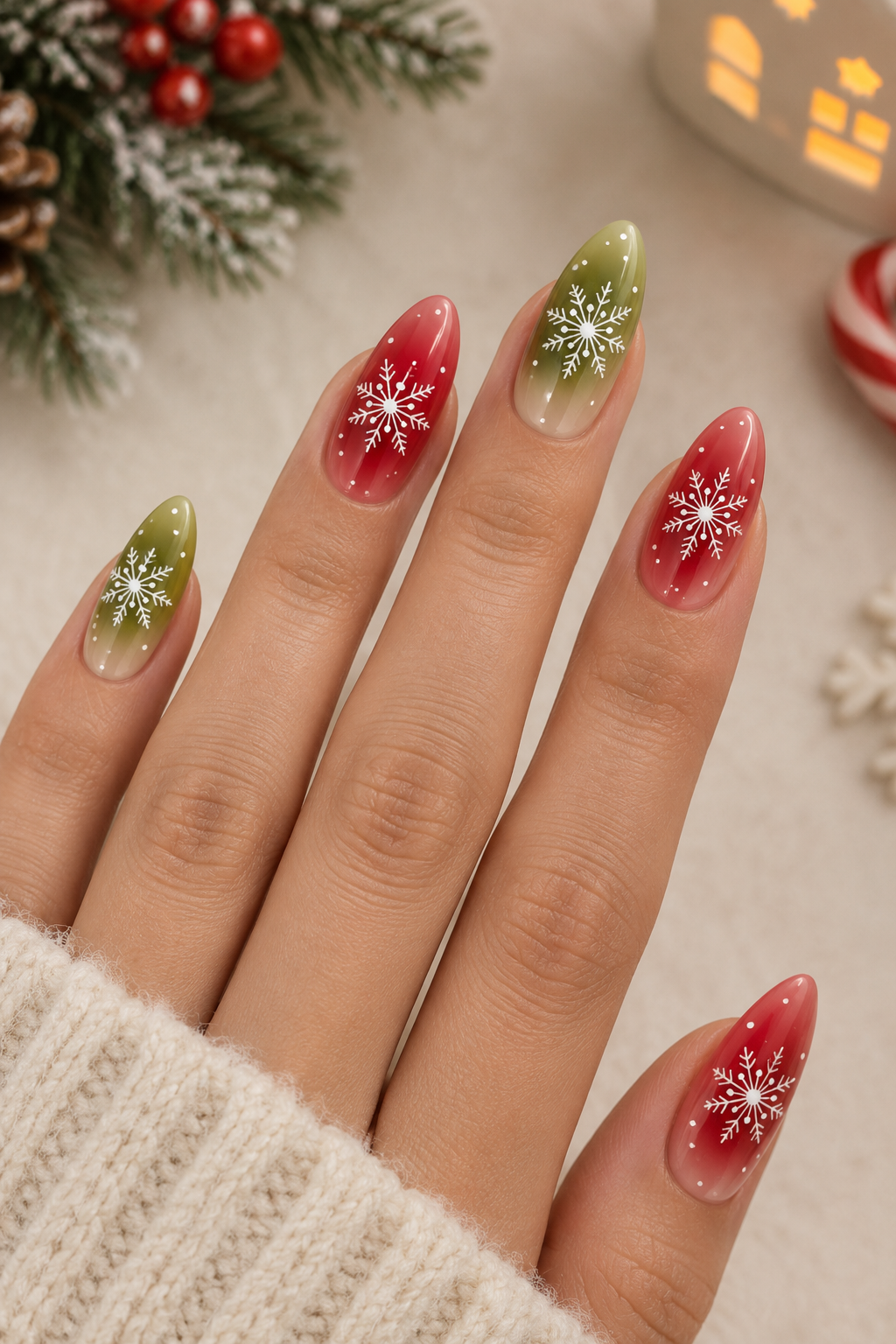 Red & Green Snowflake Nails