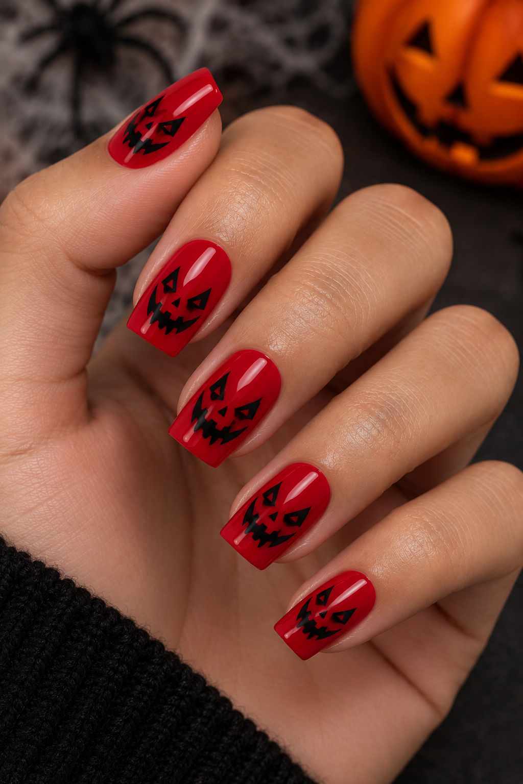 Red Jack-o’-Lantern Halloween Nails