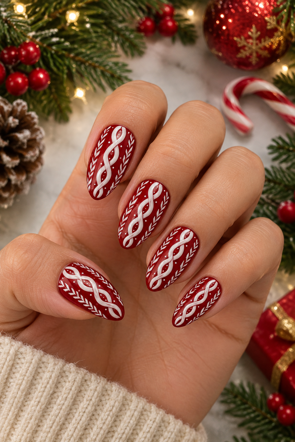 Red and White Cable-Knit Christmas Nails