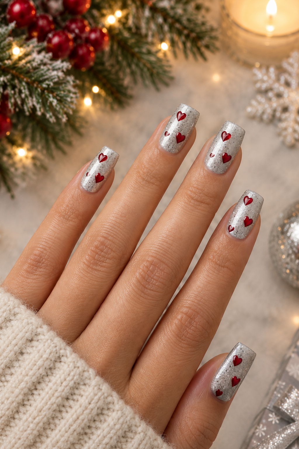 Silver Glitter Hearts Holiday Manicure