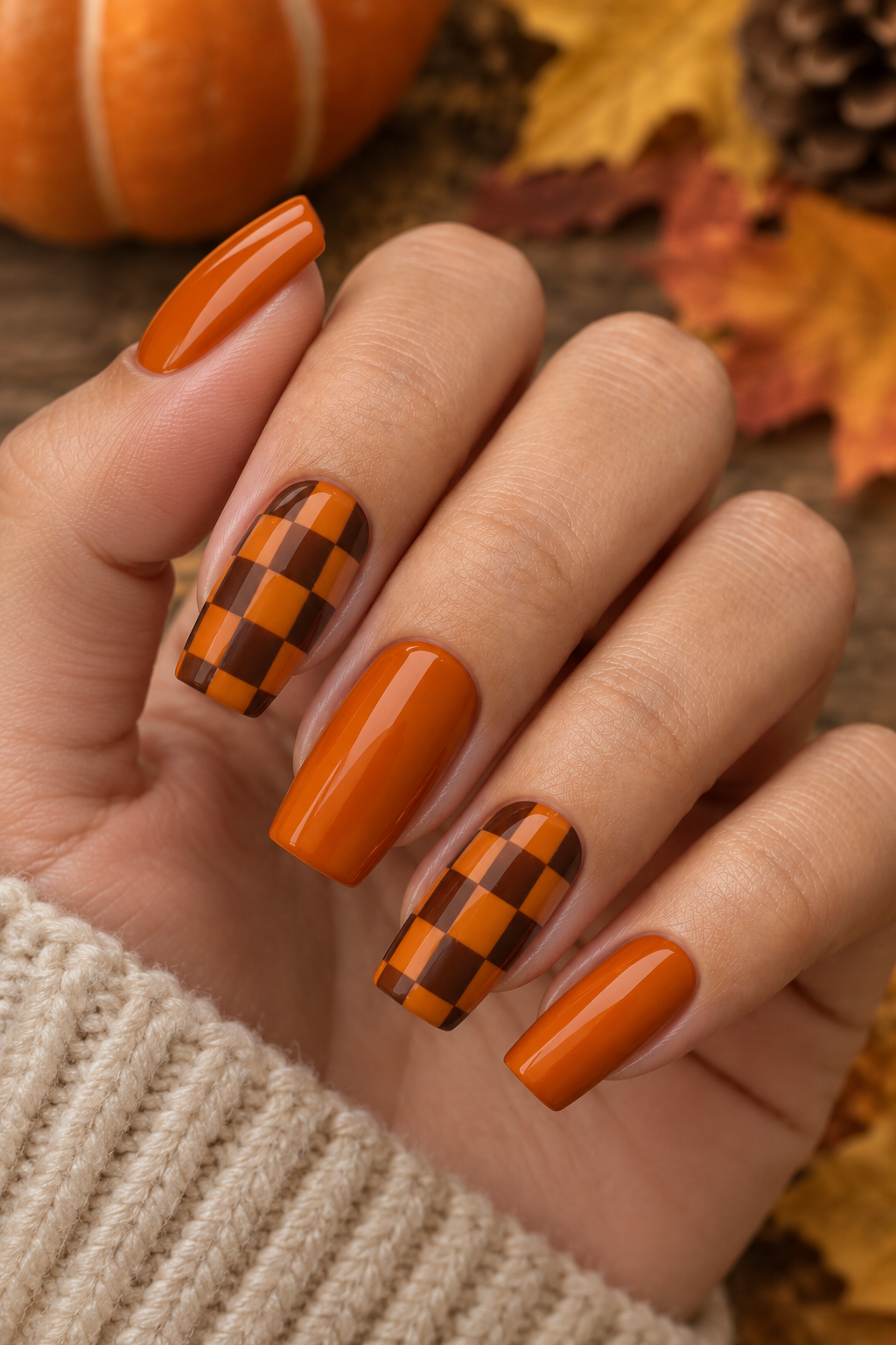 Thanksgiving Pumpkin Spice Checkerboard Nails