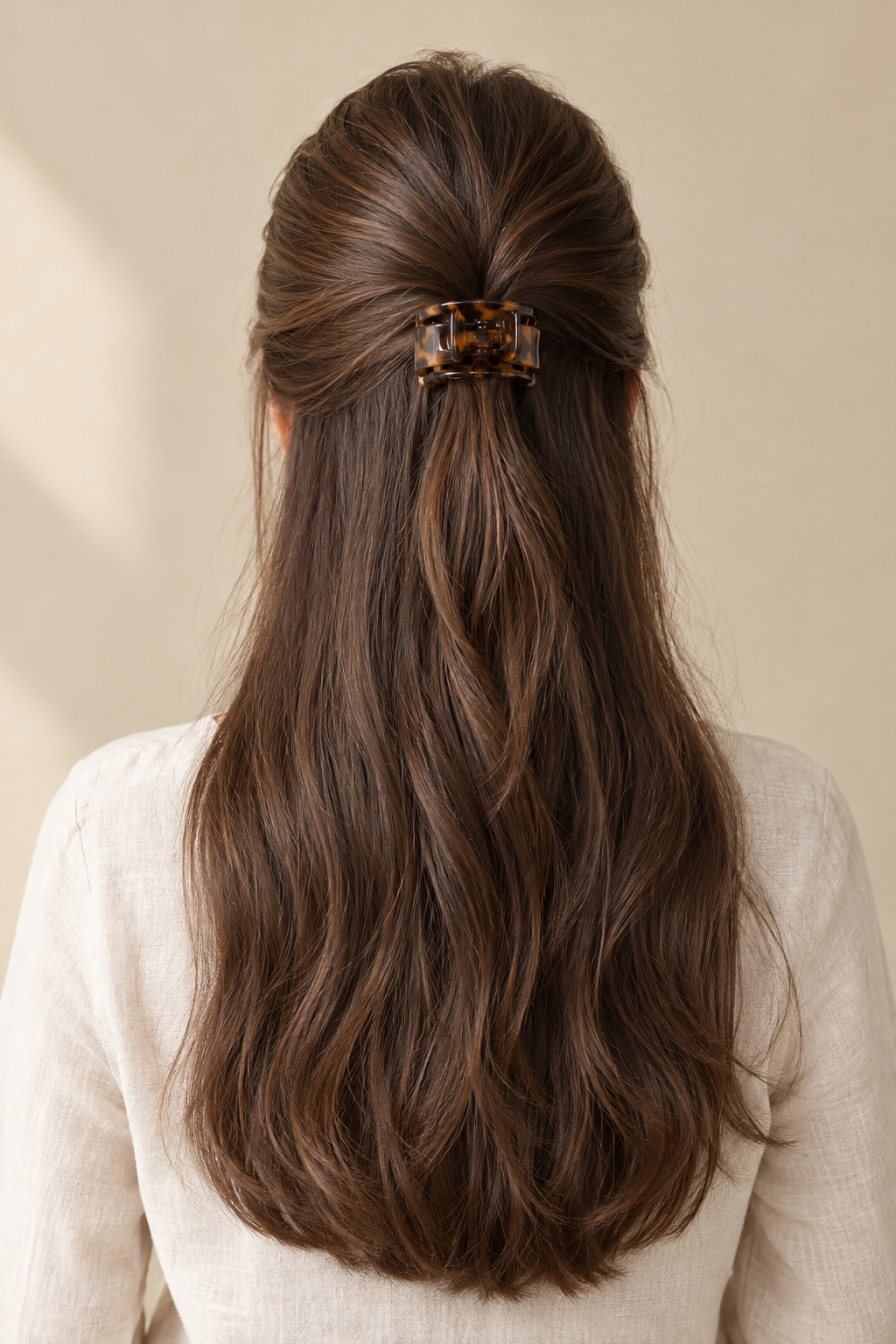 Half Up, Half Down Claw Clip hairstyle for thick hair