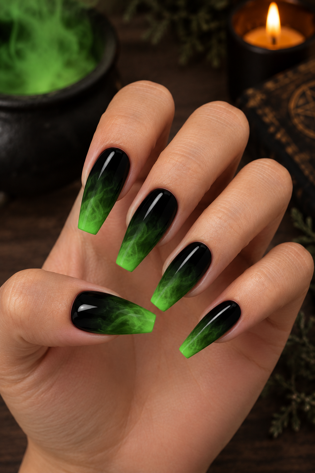 Witchy Green Smoke Ombré Nails